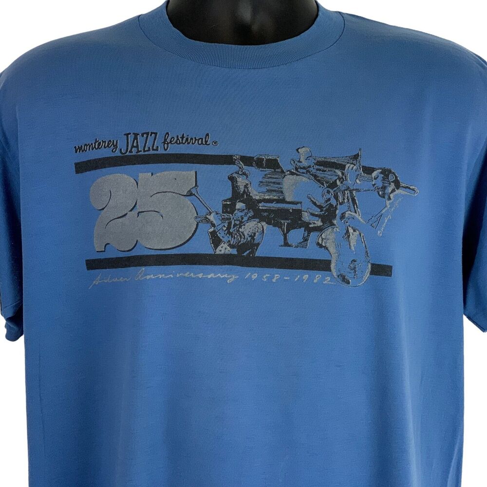 Vintage 80s Monterey Jazz Festival T Shirt L Large 1982 25th Made In USA Blue